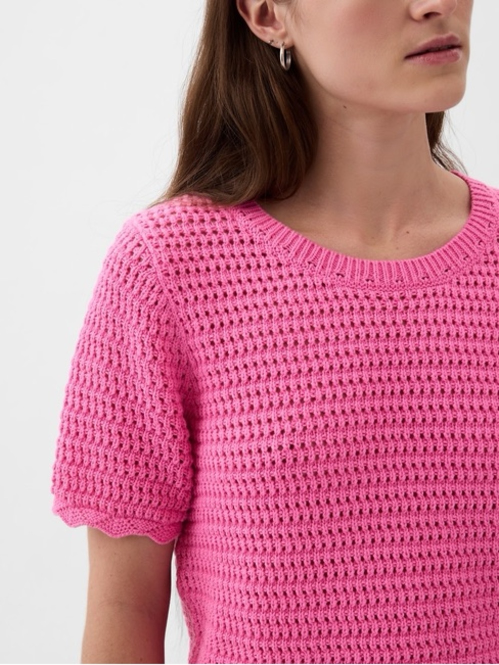 NWT GAP Bright Pink Short-Sleeve Knit Crewneck Crochet Top